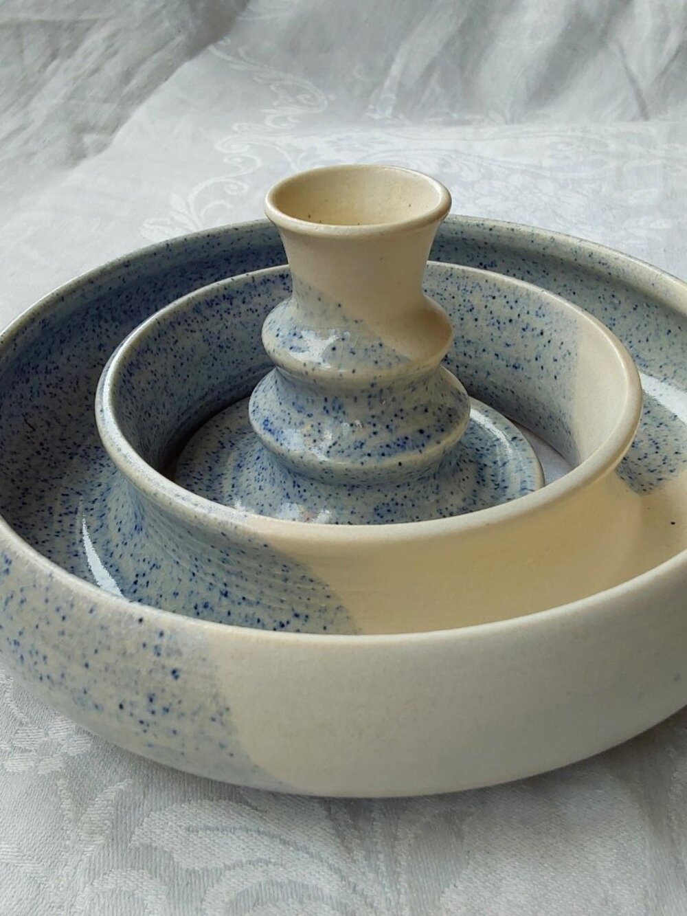 Studio pottery posy ring and candle holder set